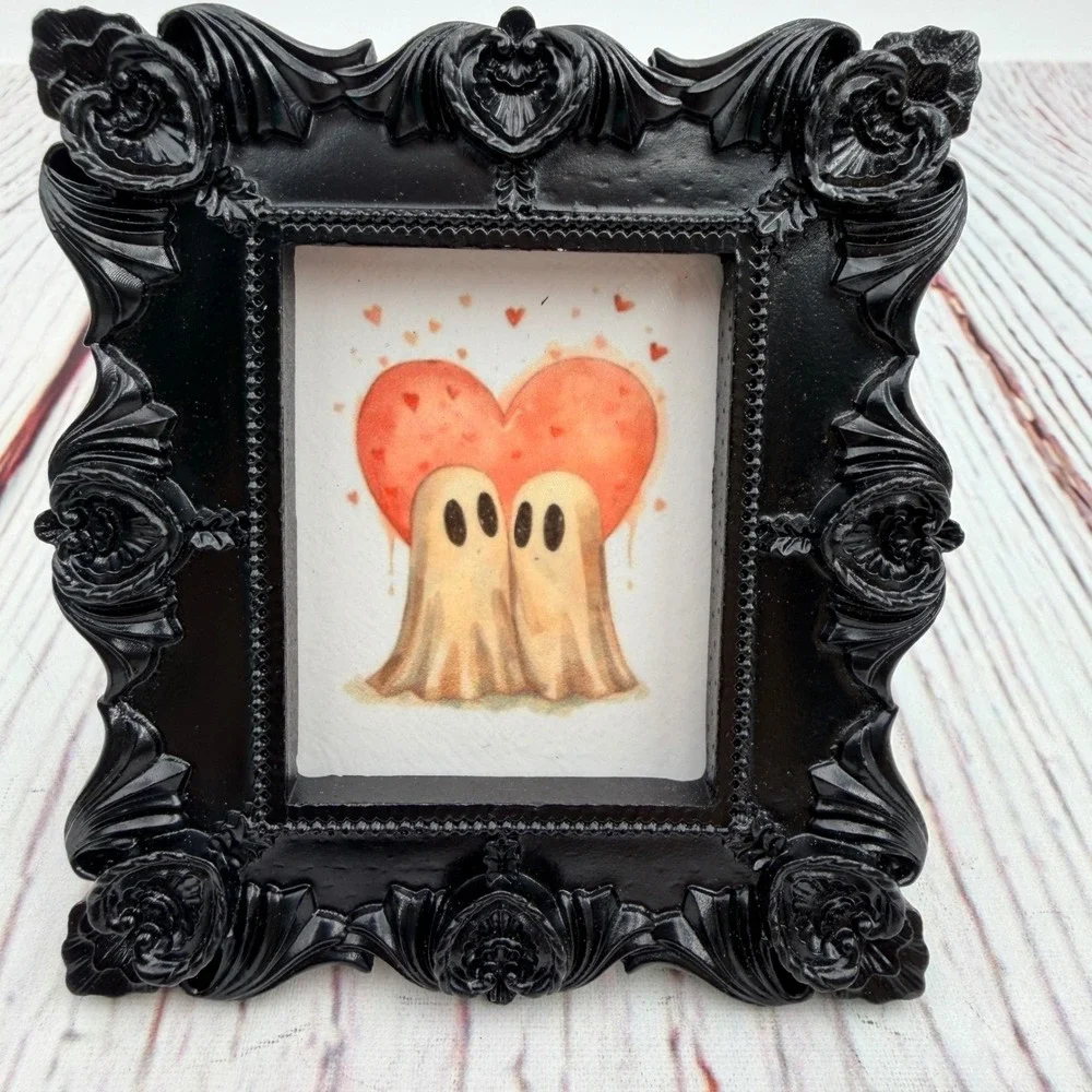 Ghost Love Heart Art Print Ornate Black Resin Frame Gothic Spooky Decor